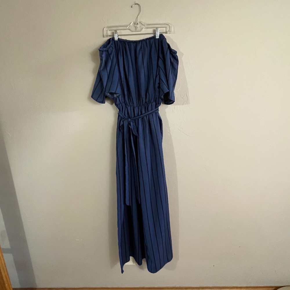 A Beautiful Soul off the shoulder Navy and black stripe Jumpsuit